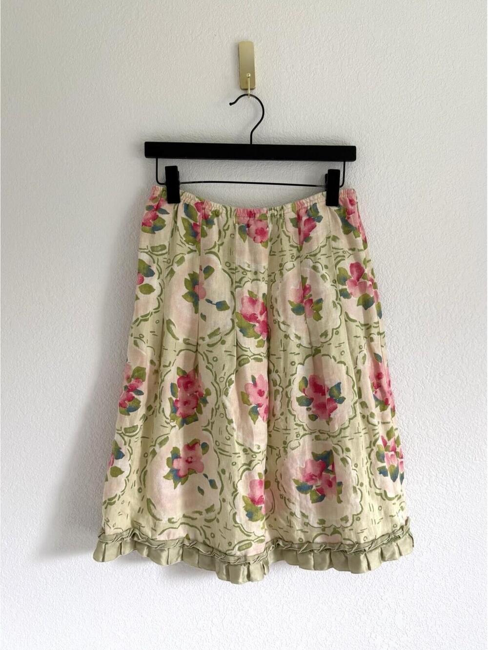 J Jill 100% Linen Floral Cottagecore Garden A-Line Midi Skirt Green Pink Size XS